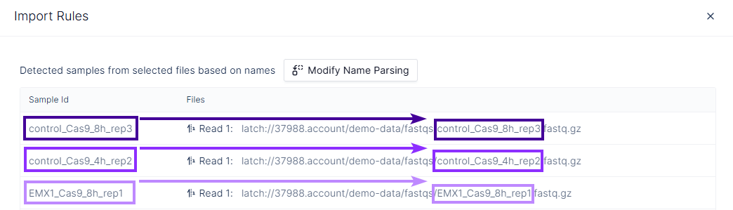 Import Rules interface: detected Sample IDs matched against FASTQ files