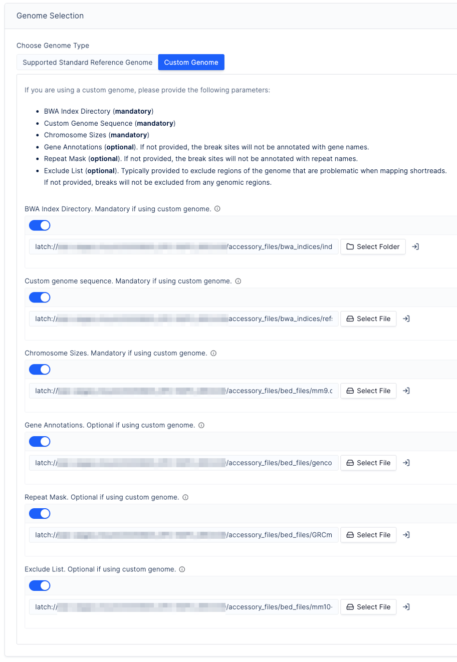 Custom Genome input panel showing all mandatory and optional file fields