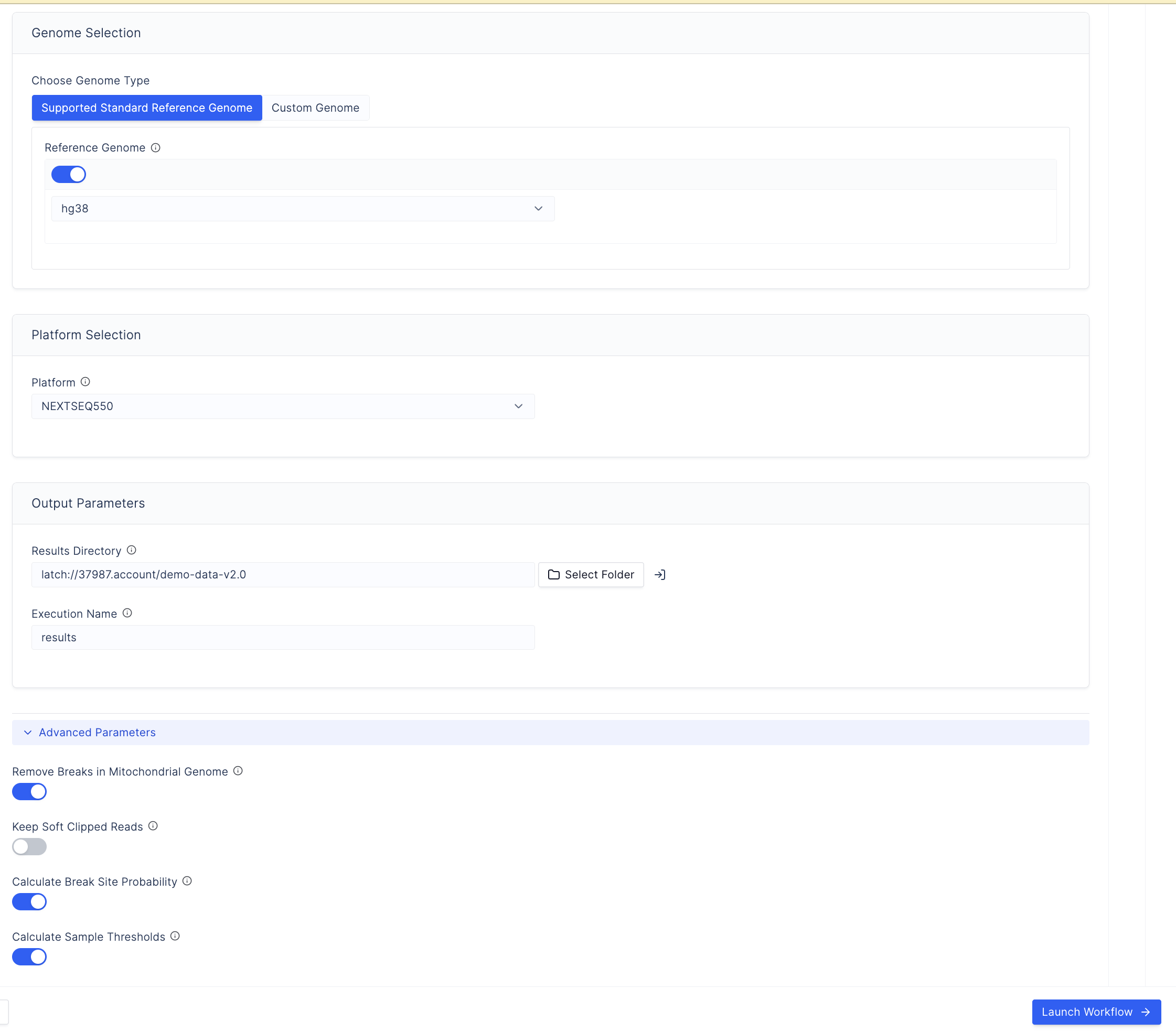 Complete parametrised workflow with genome selection, output folder, and Launch Workflow button visible