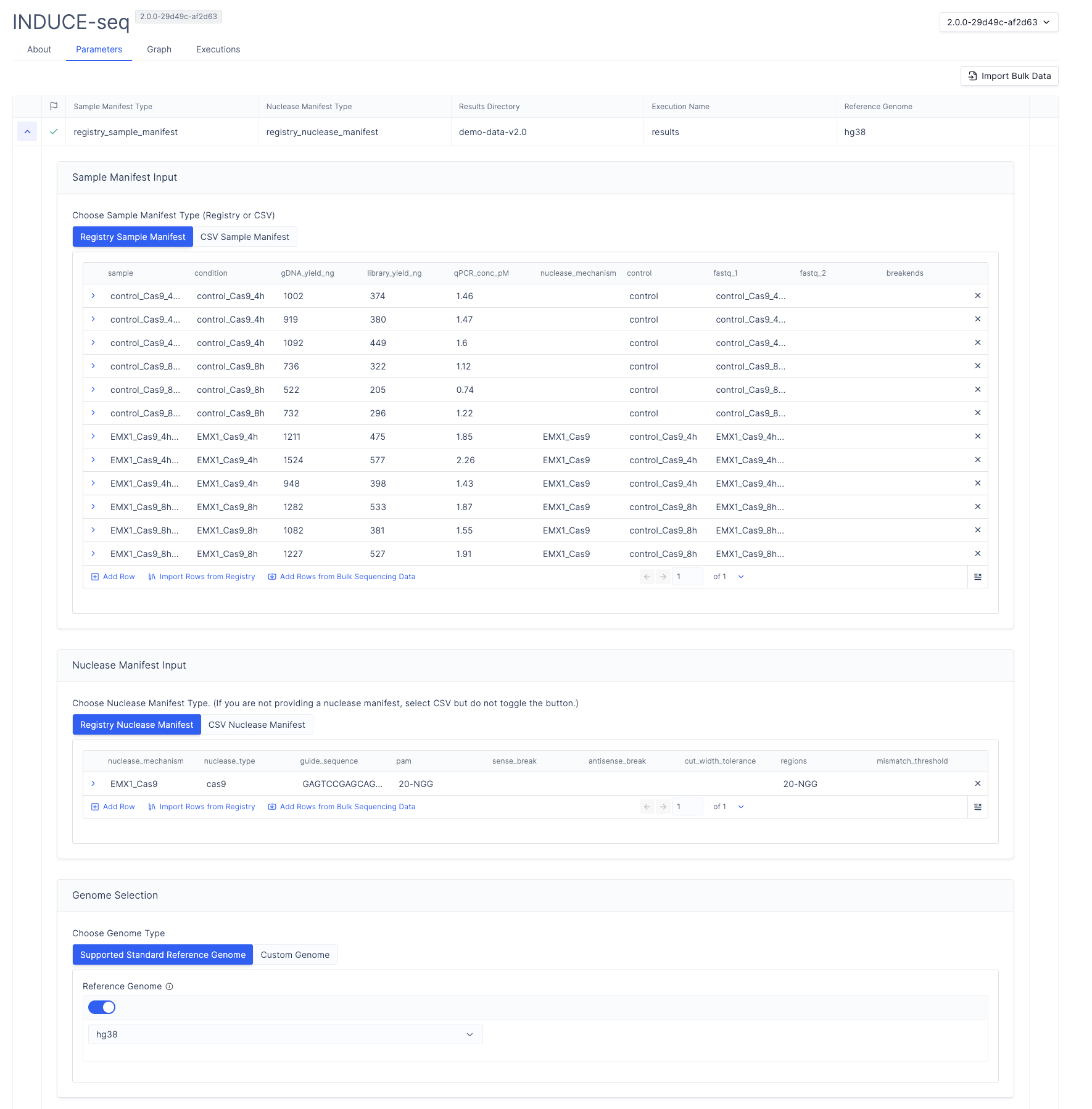 Workflow setup showing sample manifest rows and nuclease manifest rows loaded, ready to launch